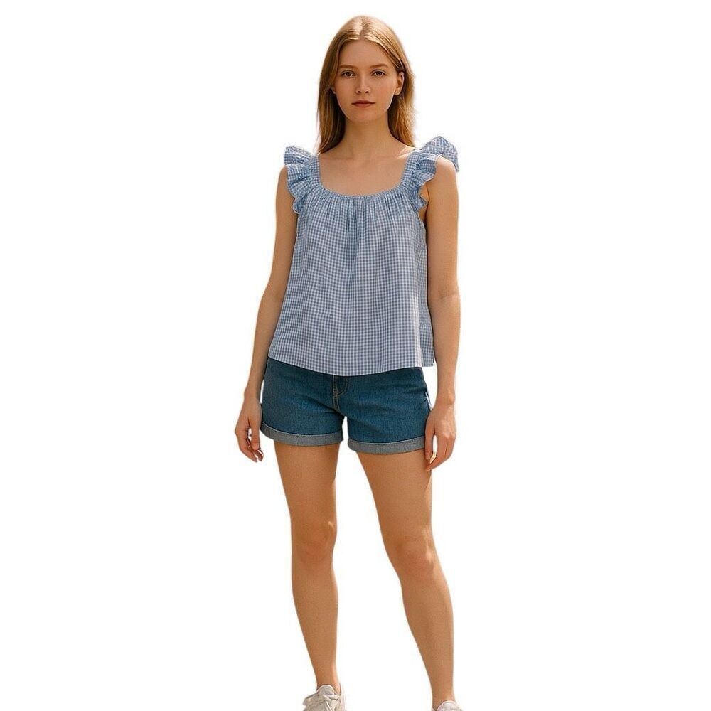 Kikit Blue White Check Gingham Ruffle Sleeve Sleeveless Blouse Size Small